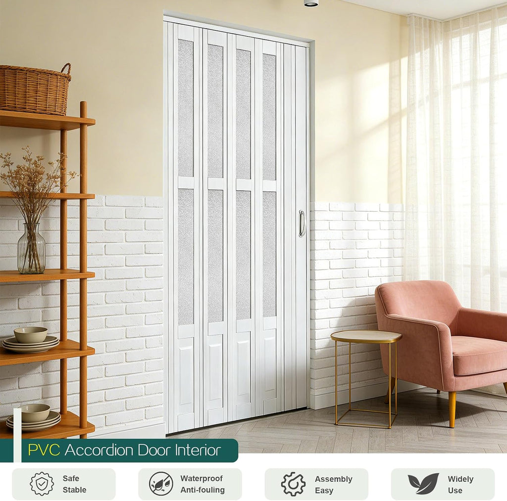 32X80in Accordion Doors Interior,White PVC Folding Door with Handle & Latch, for Closet & Kitchen,Complete Hardware Kit Easy to Install