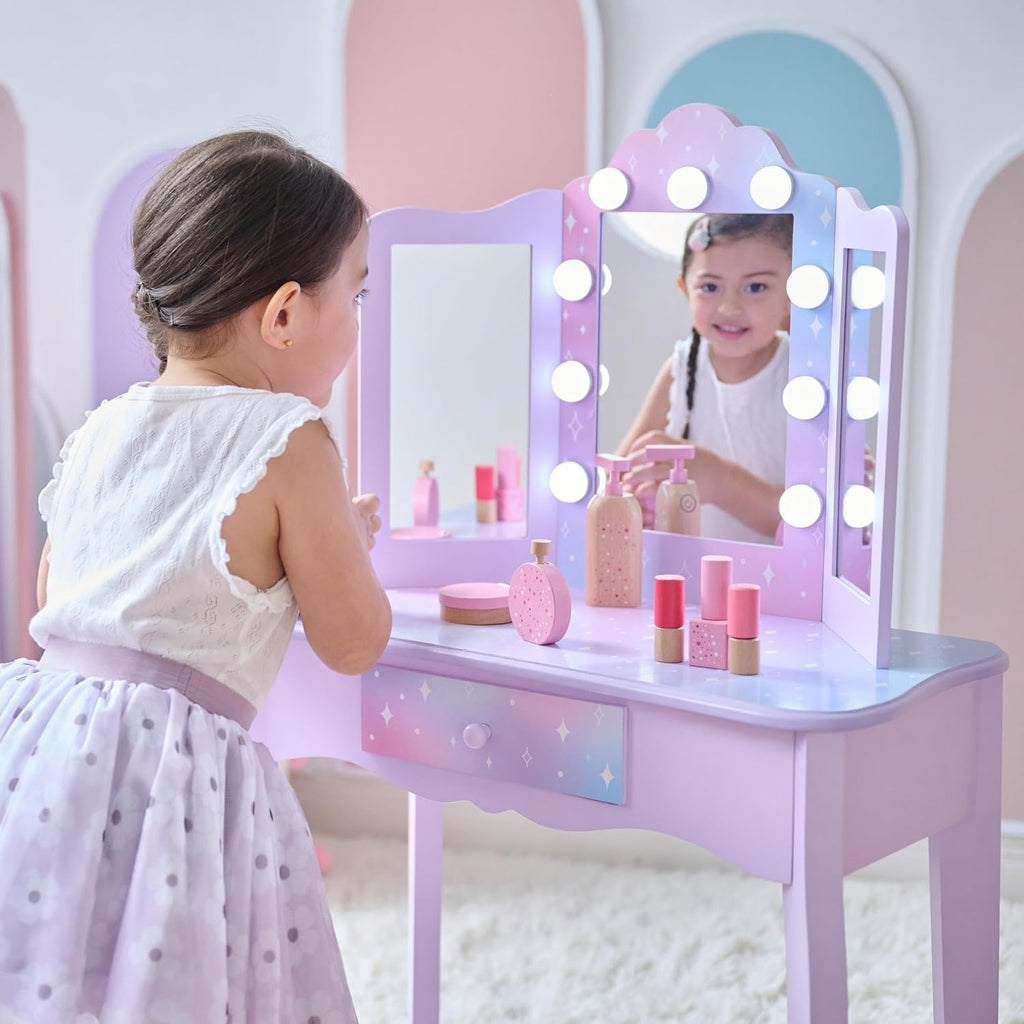 Teamson Kids Stardust Print Gisele Medium Vanity with LED Lights & Touch Sensor Mirror, Storage Drawer for Kids Pretend Play, Purple Elegant Dressing Table Set with Stool for Toddlers & Girls Ages 3+