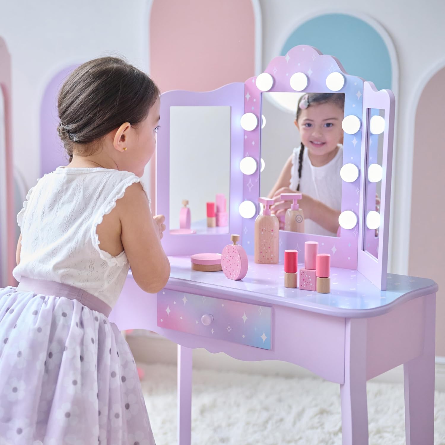 Teamson Kids Stardust Print Gisele Medium Vanity with LED Lights & Touch Sensor Mirror, Storage Drawer for Kids Pretend Play, Purple Elegant Dressing Table Set with Stool for Toddlers & Girls Ages 3+
