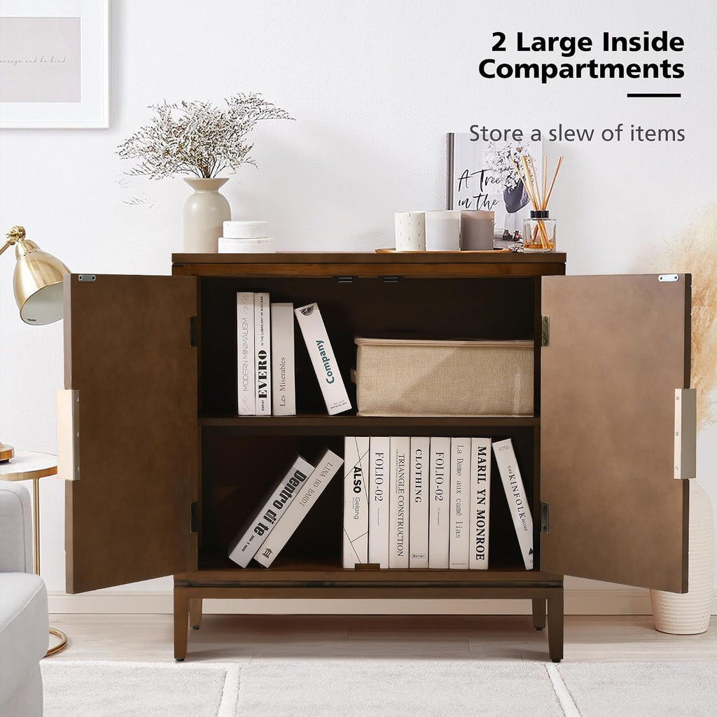 Ahokua Mid-Century Modern Wood Accent Cabinet with 2 Carved Doors, Geometric Storage Sideboard with Adjustable Shelf for Living Room, Hallway or Entryway, Brown