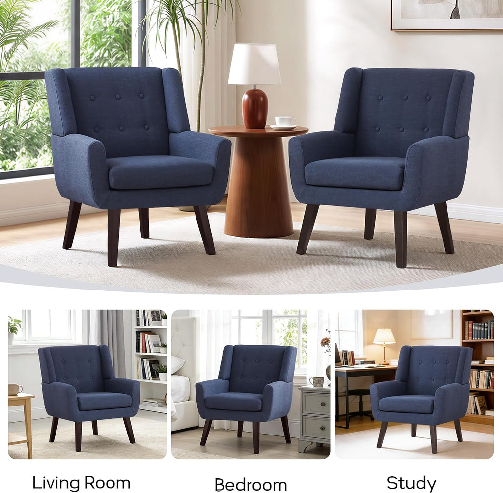 HUIMO Accent Chair Living Room Chair, Upholstered Button Tufted Armchair, Linen Fabric Sofa Chairs for Bedroom, Living Room, Mid Century Modern Comfy Reading Chair (Dark Blue)