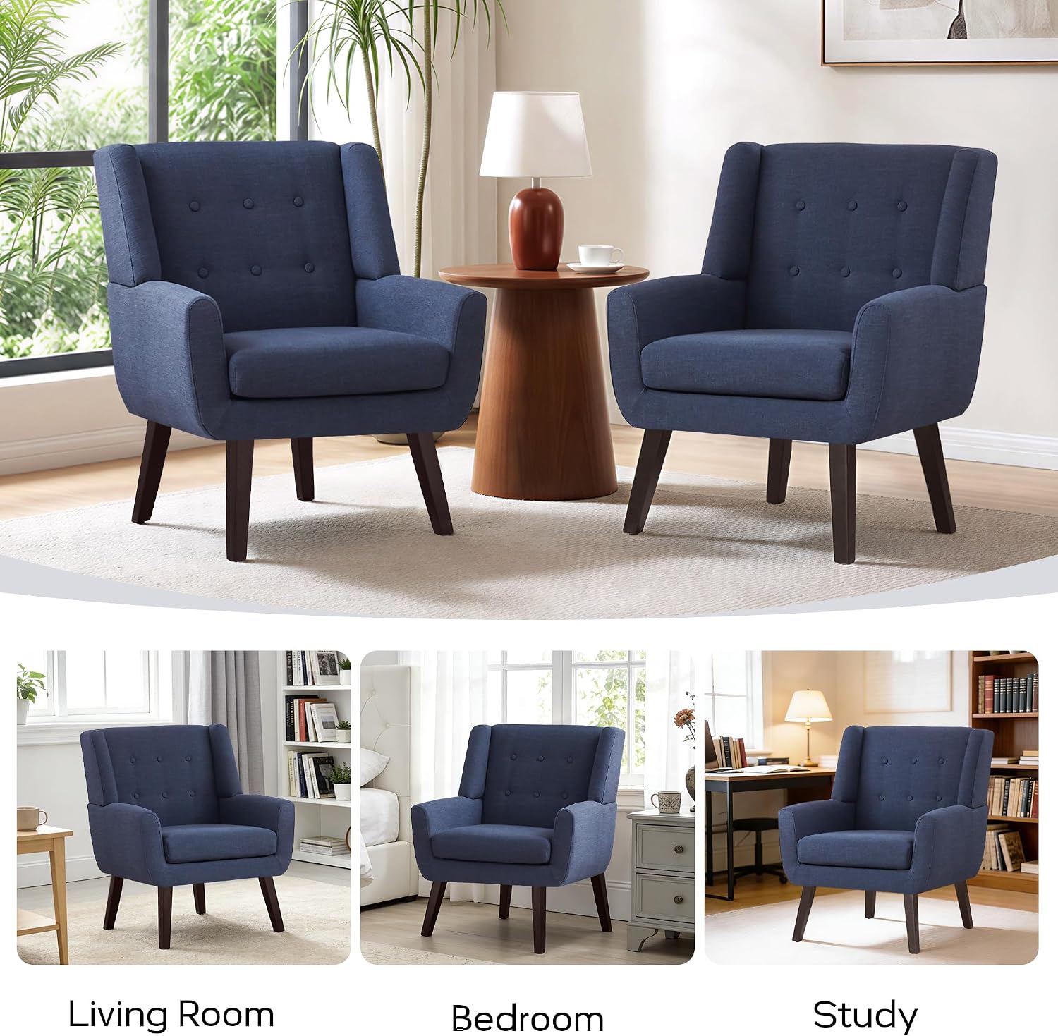 HUIMO Accent Chair Living Room Chair, Upholstered Button Tufted Armchair, Linen Fabric Sofa Chairs for Bedroom, Living Room, Mid Century Modern Comfy Reading Chair (Dark Blue)