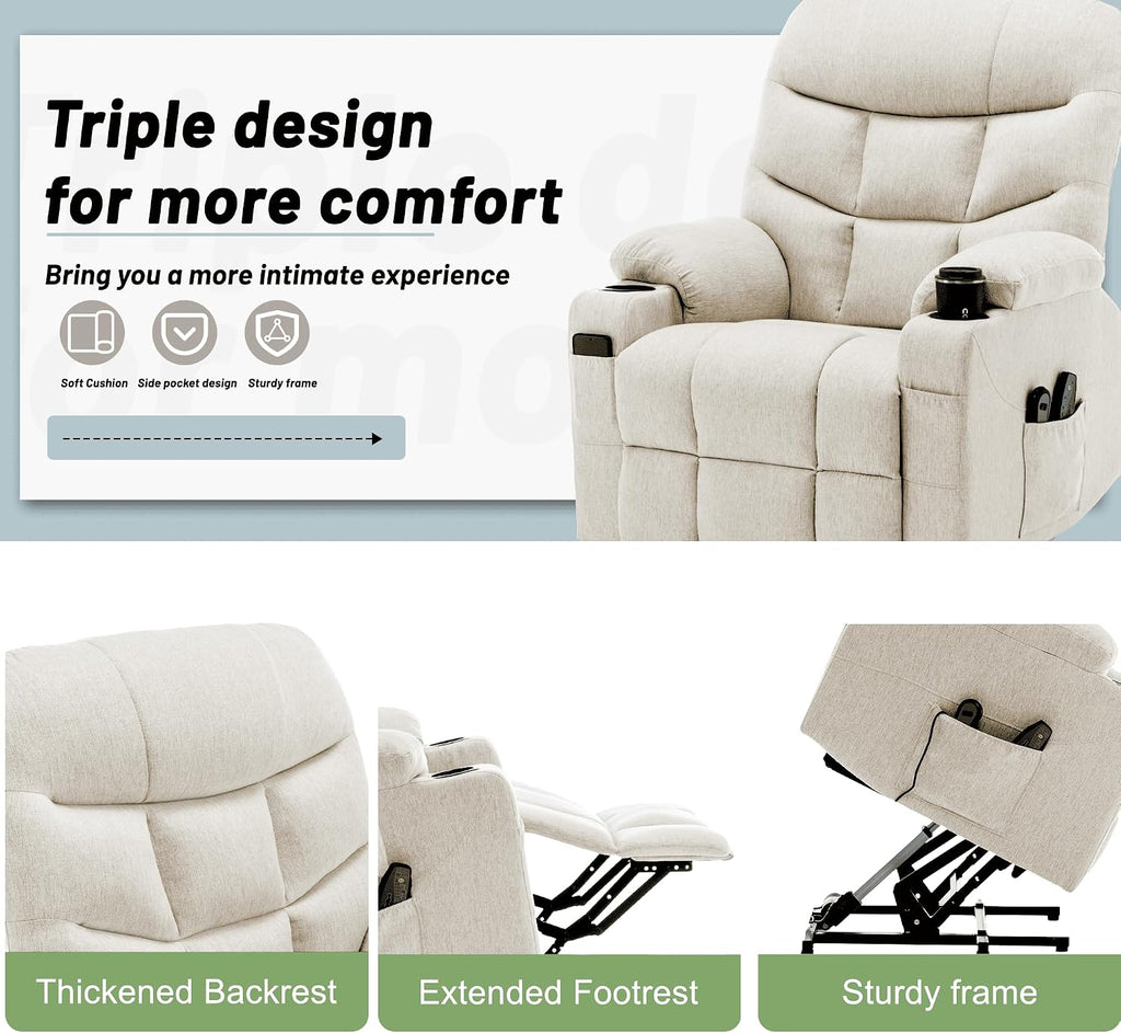 Korser Power Recliner Chair with Massage and Heating, Power Lift Recliner Chair for Elderly and Adults, Electric Recliner with Remote Control and Cup Holders for Living Room, Linen Fabric