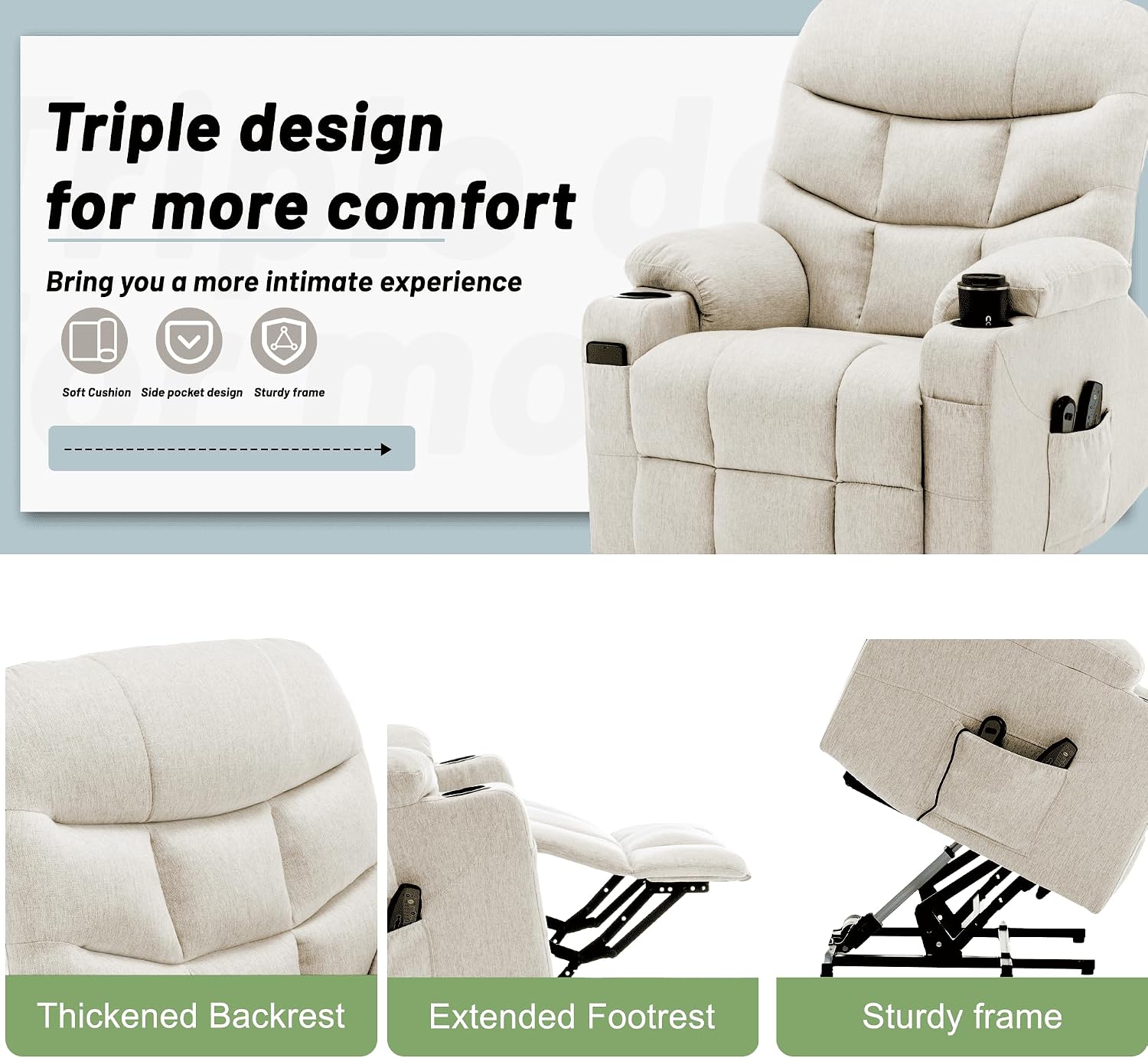 Korser Power Recliner Chair with Massage and Heating, Power Lift Recliner Chair for Elderly and Adults, Electric Recliner with Remote Control and Cup Holders for Living Room, Linen Fabric