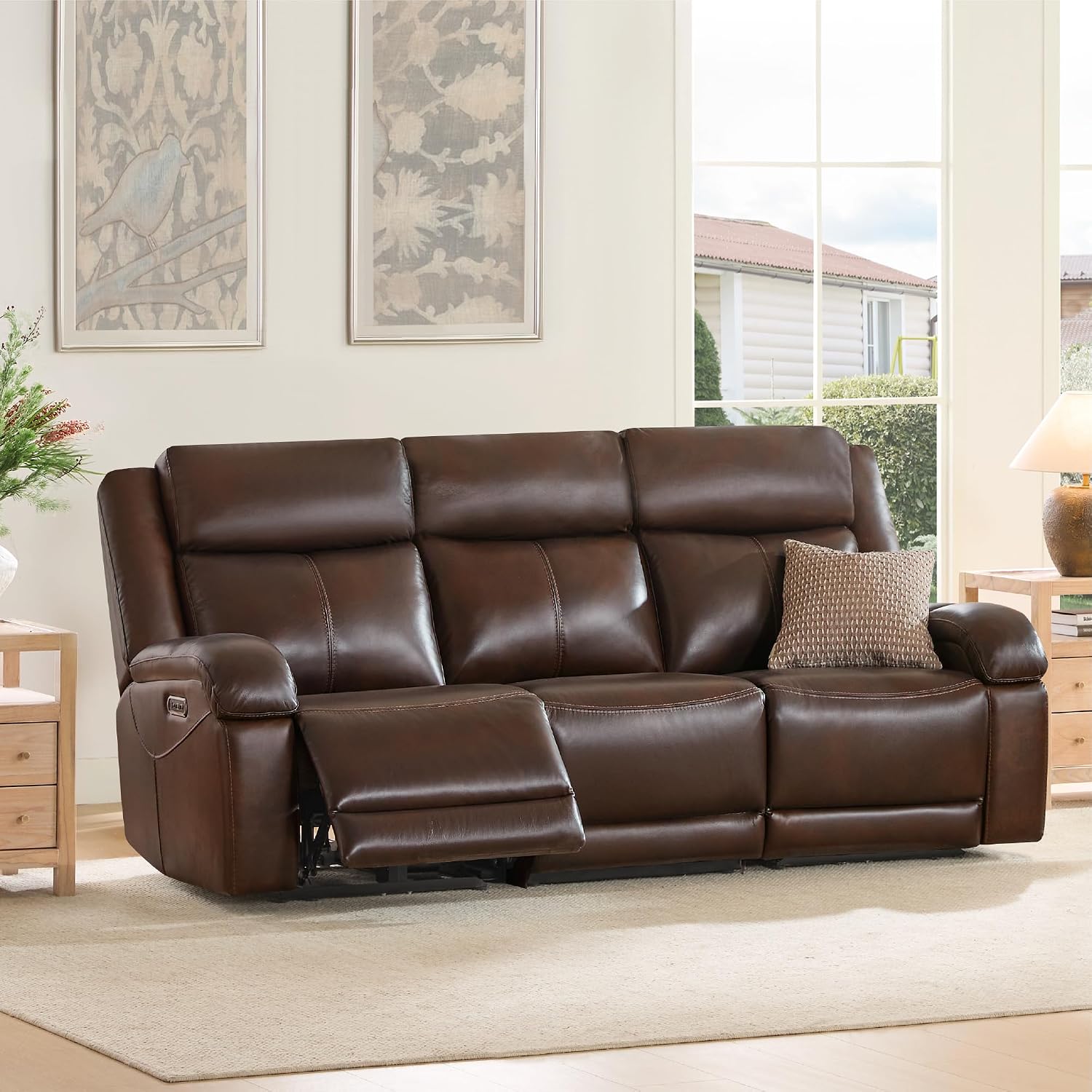 Watson & Whitely Genuine Leather Power Recliner Sofa, 3 Seater Wall Hugger Reclining Sofas with Power Headrest, USB & TypeC Ports, Electric Recliner Couch Set for Living Room, Dark Brown