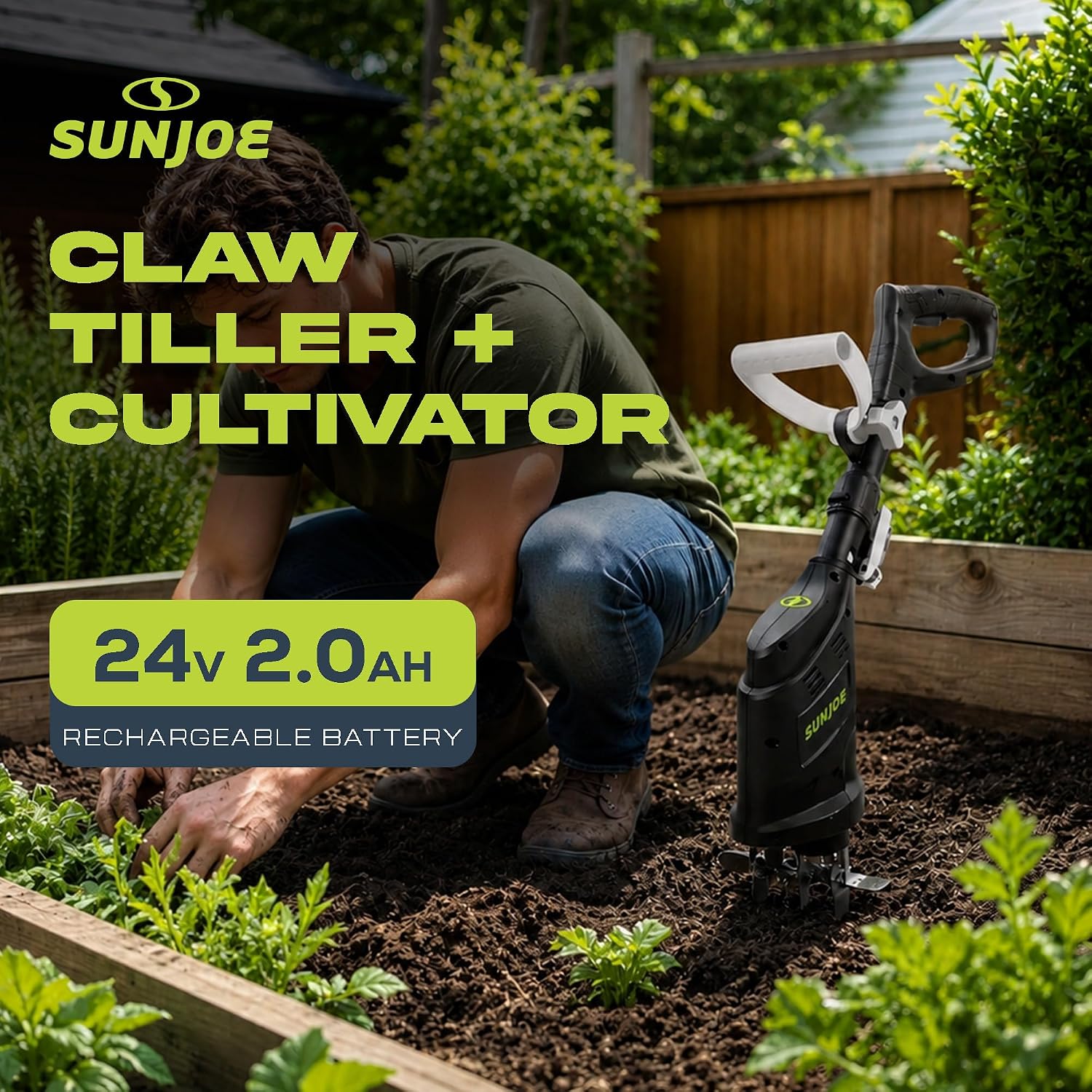Sun Joe Cordless Garden Claw Tiller & Cultivator with 4-Tine Steel Blades, Battery & Charger, 3.6 Inch, 24V, 150W Motor - Heavy-Duty Tilling Machine for Lawn, Yard, and Gardening Care, 24V-CTLR-LTE