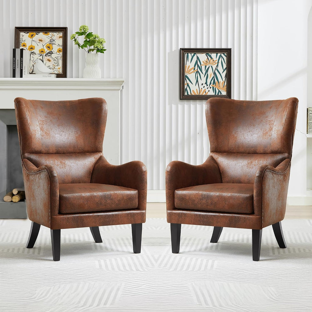Mid-Century Modern Accent Chairs, 27' Wide Wingback Club Chair with Nailhead Trim, Fabric Reading Living Room Side Chair, Faux Leather Armchair Sofa