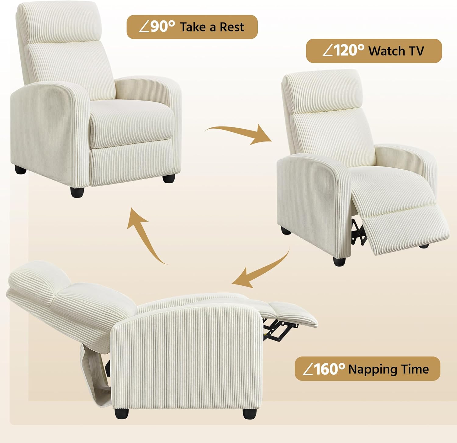 Topeakmart Corduroy Recliner Sofa Mid-Century Recliner Chair Single Reclining Chair Upholstered Sofa for Living Room Bedroom Home Theater Beige