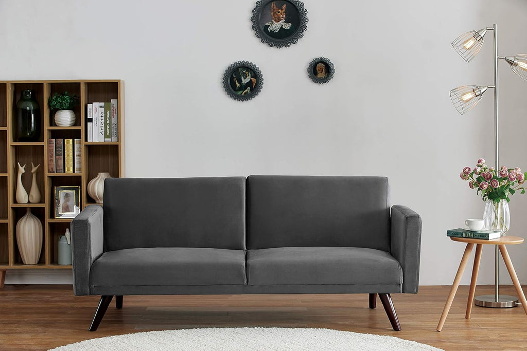 Container Furniture Direct Vintage Modern Retro Style Velvet Living Room Futon Sofa Bed, 72', Fossil Grey
