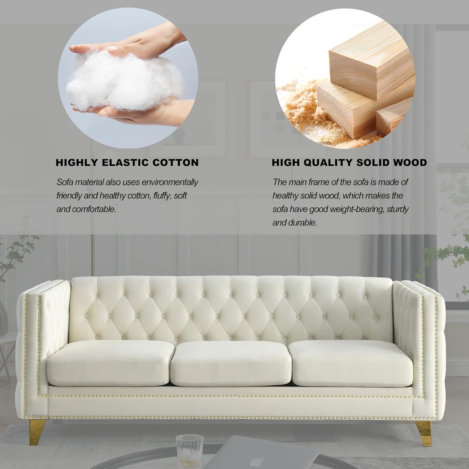 KEIKI 3 Seat Tufted Velvet Sofa Couch for Living Room, Buttons Tufted Square Arm Couch for Home Apartment, Beige