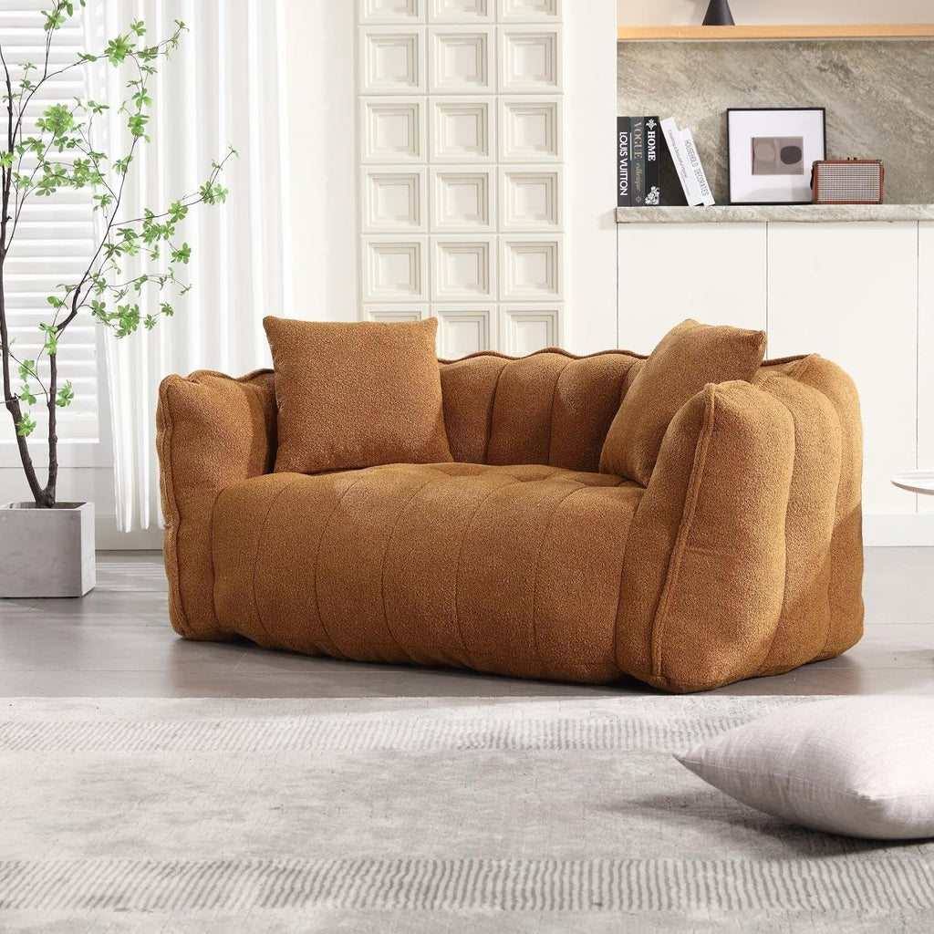 KEIKI Chenille Loveseat Giant Bean Bag Sleeper Sofa Chair, Upholstered Lazy Floor Couch with Pillows, High Resilience Foam Comfy Reading Chaise Lounge Recliner for Living Room Bedroom, Khaki