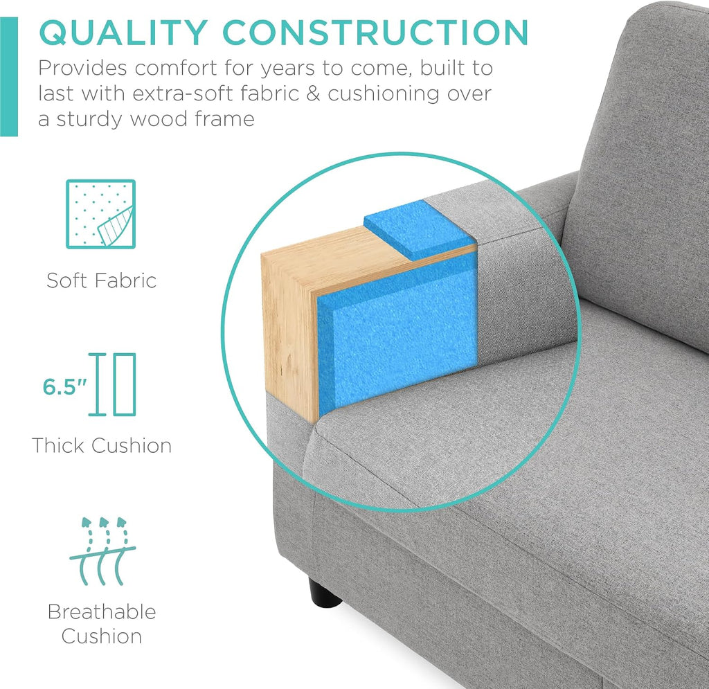Best Choice Products Upholstered Sectional Sofa for Home, Apartment, Dorm, Bonus Room, Compact Spaces w/Chaise Lounge, 3-Seat, L-Shape Design, Reversible Ottoman Bench, 680lb Capacity - Light Gray