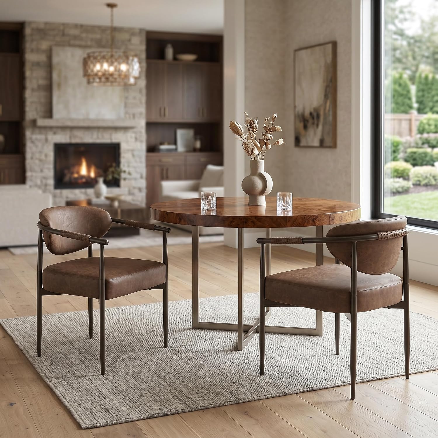 Christopher Knight Home Hyeok Modern Upholstered Dining Chairs Set of 2, Armchair Set with Metal Frame, Comfy Accent Chair with PU Leather Backrest/Seat Cushions for Kitchen/Dining Room, Brown
