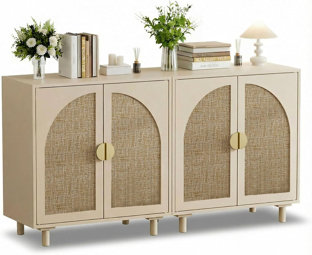 Rattan Cabinet, Sideboard with Magnetic Door Latch & Adjustable Shelf, Beige Boho Buffet for Living Room Entryway, 29.8' W x 15.7' D x 31.5' H (2Pc)
