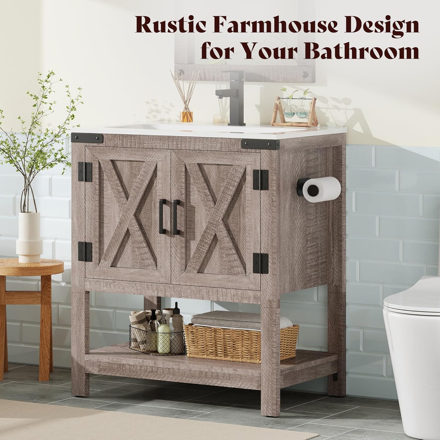 AMERLIFE 24' Farmhouse Bathroom Vanity with Sink Combo, Wood Barn Doors & Open Shelf, Freestanding Single Bathroom Storage Cabinet, Paper Towel Holder, Easy-Clean Countertop, Light Gray