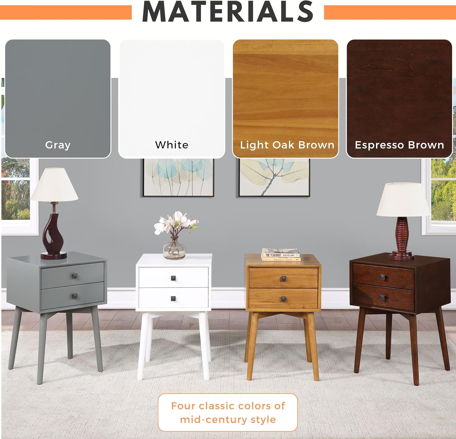24/7 Shop at Home Goerge Mid-Century Modern Nightstand, Solid Rubber Wood Dresser, Small Bedside Tables with 2 Drawers, with Tapered Legs for Bedroom, Living Room, Home Office, Gray