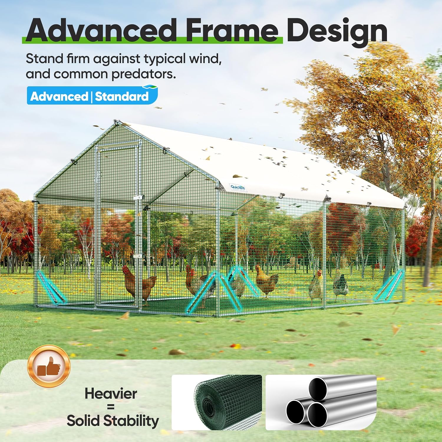 Quictent Large Metal Chicken Coop Run for 20+ Poultry with Side Hardware Cloth & Waterproof Cover, Advanced Series Outdoor Walk-in Cage Hen Duck Rabbit Dog Pen Yard Farm House, 12x9x6.6FT