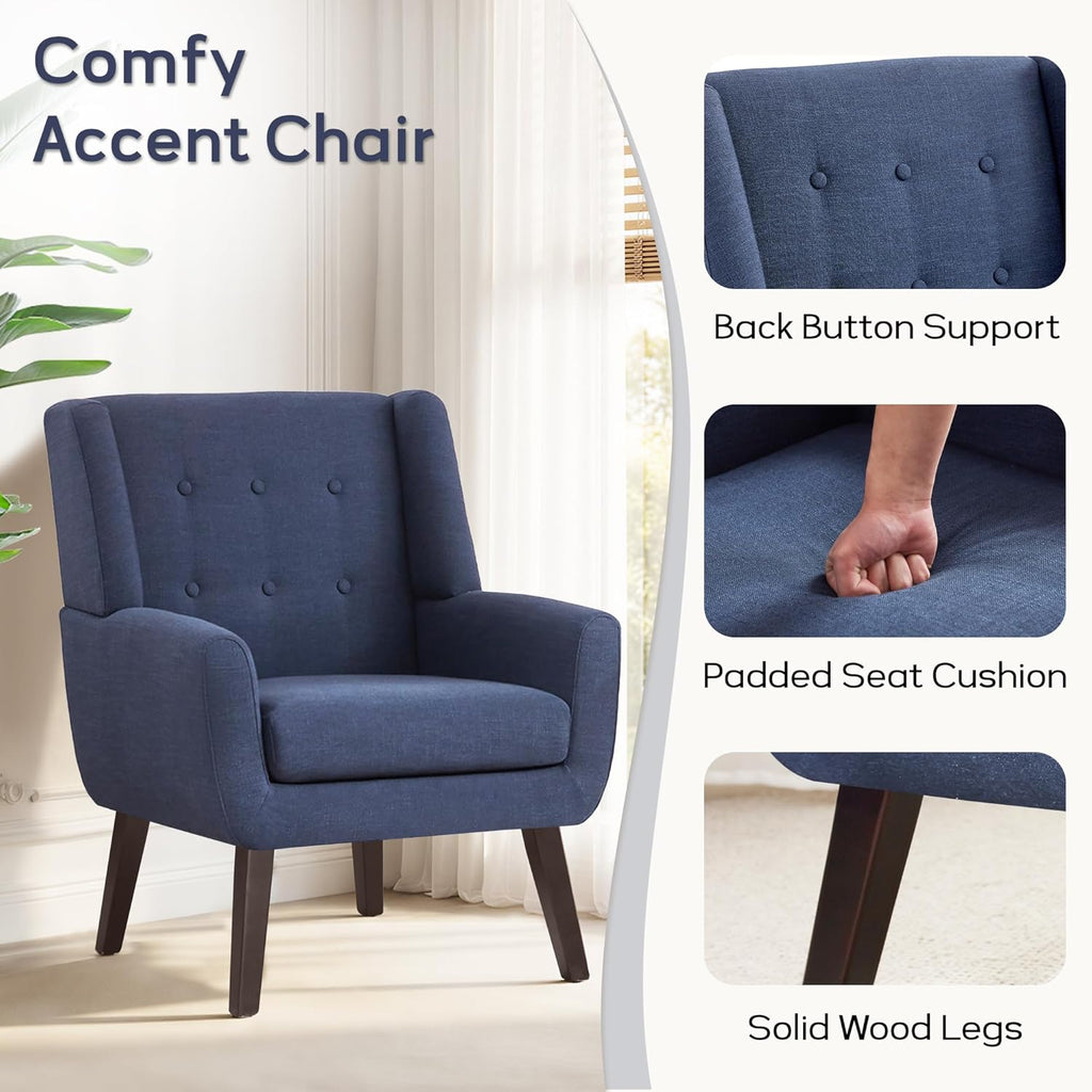 HUIMO Accent Chair Living Room Chair, Upholstered Button Tufted Armchair, Linen Fabric Sofa Chairs for Bedroom, Living Room, Mid Century Modern Comfy Reading Chair (Dark Blue)