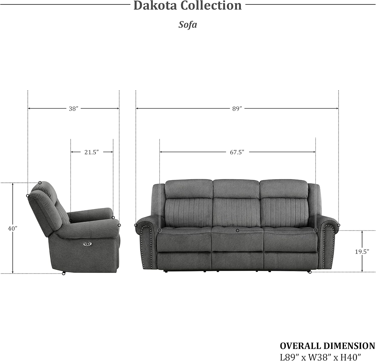 Lexicon Dakota 2-Piece Power Reclining Living Room Set, Charcoal