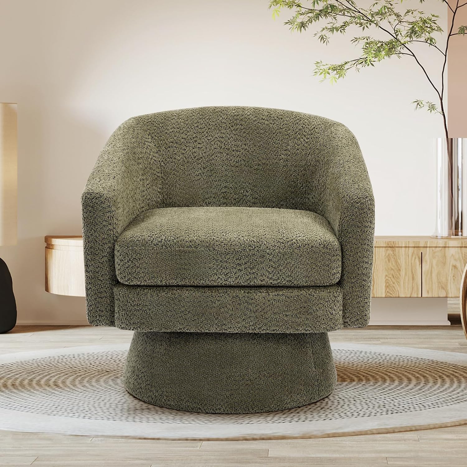 360° Swivel Barrel Accent Chair, Modern Chenille Upholstered Armchair with Curved Back, Soft Cushion & Arms, Wooden Frame, Storage Pocket, Comfy Reading Lounge Chair for Living Room, Bedroom, Office