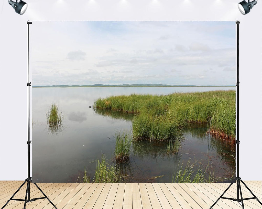 Trykid 20x10ft Tranquil Lake Green Reed Backdrop Serene Water Natural Scenery Photography Background Wedding Bridal Shower Birthday Camping Tapestry Party Decoration Photo Studio Prop Fabric