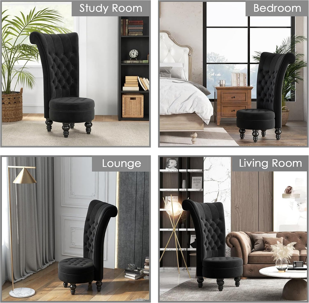 MU Retro High Back Armless Chair, Velvet Royal Furniture Chair, Upholstered Tufted Accent Seat for Living Room, Dressing Room, Bedroom, Black