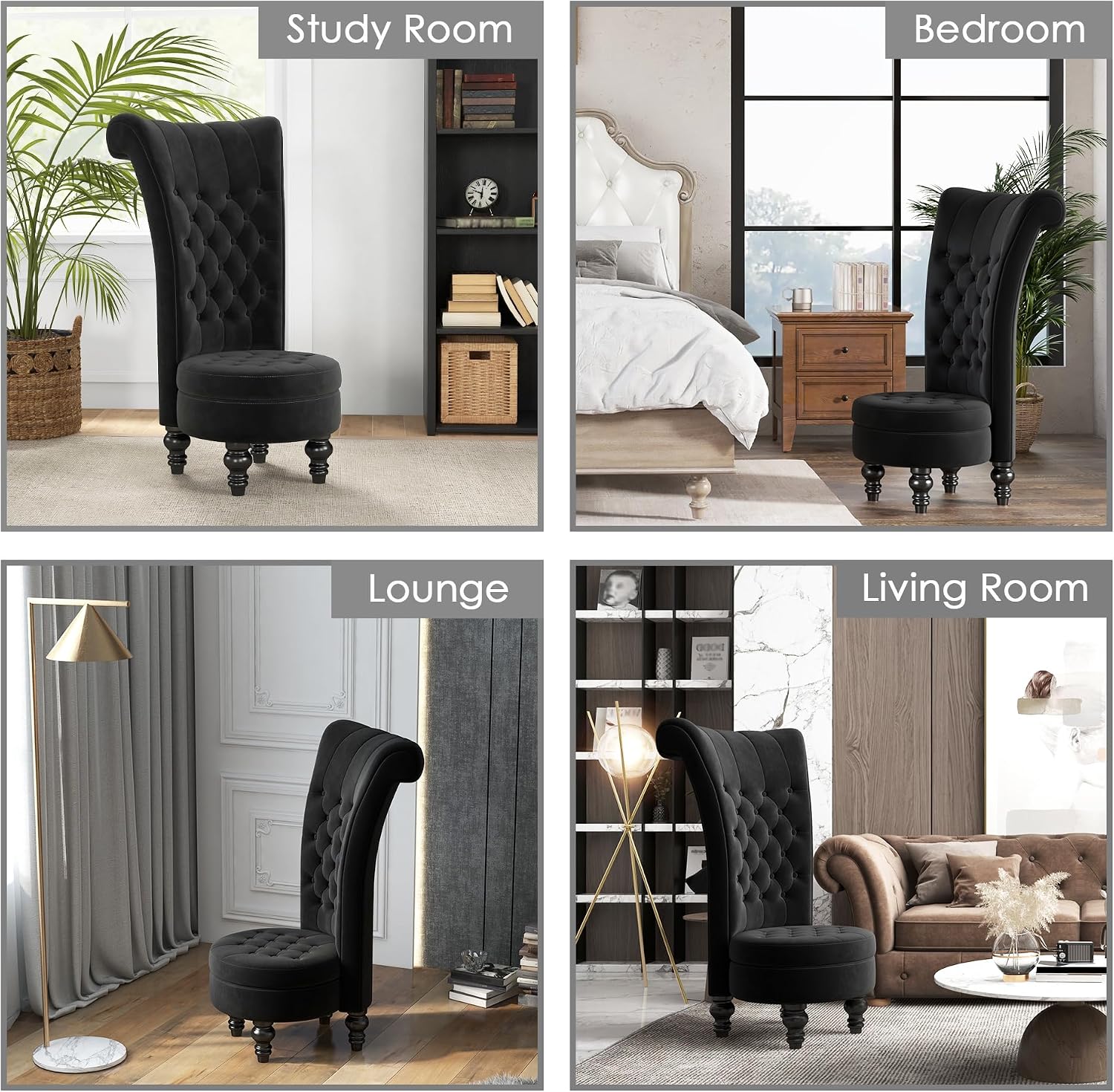 MU Retro High Back Armless Chair, Velvet Royal Furniture Chair, Upholstered Tufted Accent Seat for Living Room, Dressing Room, Bedroom, Black