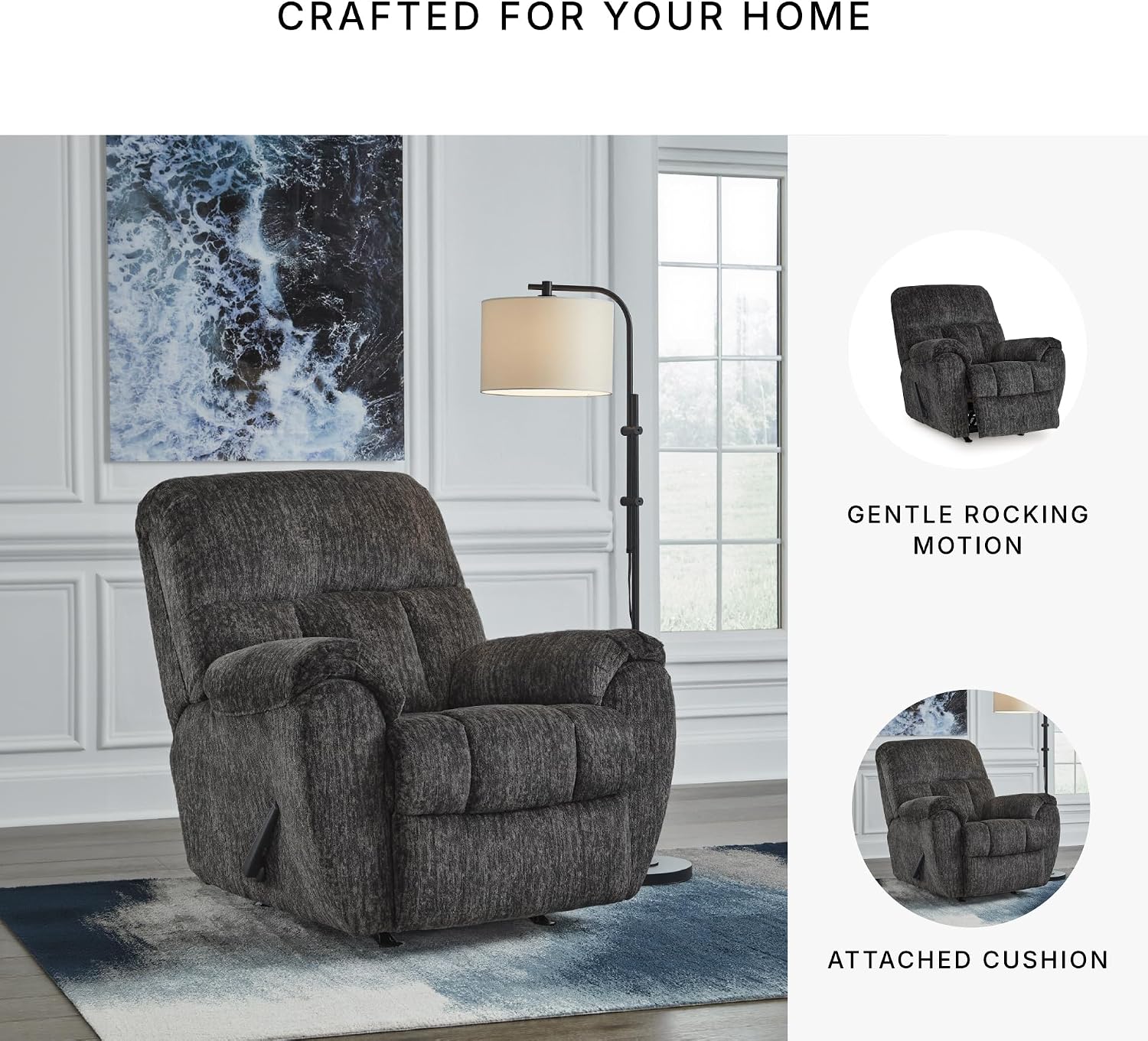 Signature Design by Ashley Rampant Casual Manual Rocker Recliner with Pillow-Top Arms, Gray