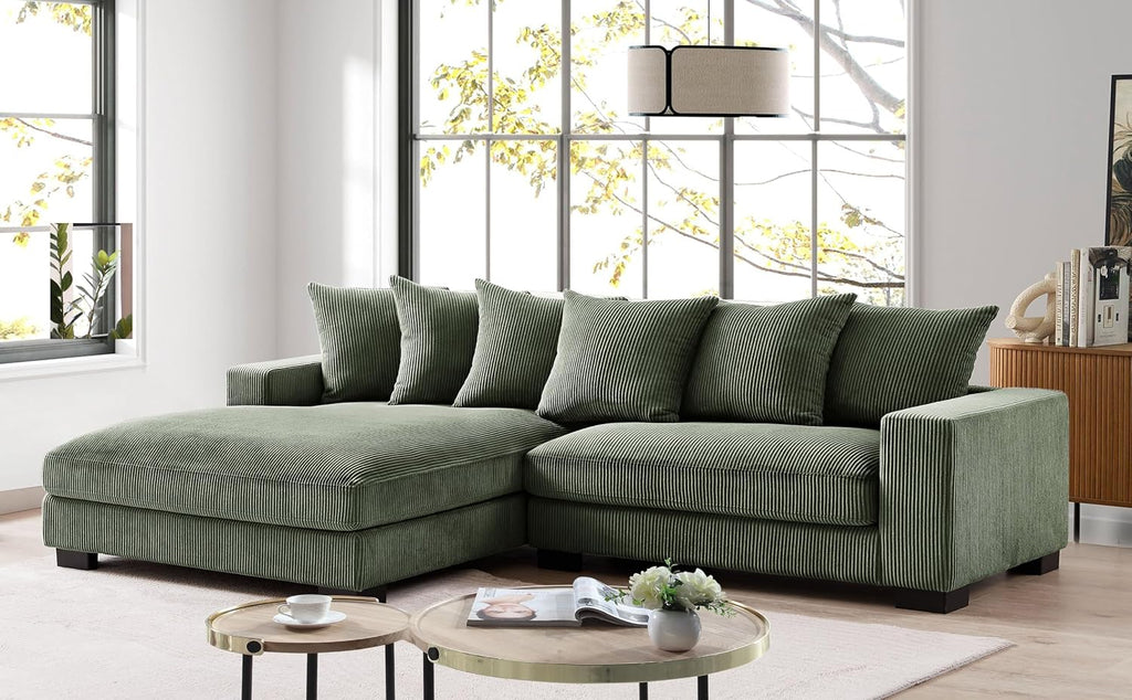 Container Furniture Direct Luxe Oversized Two-Piece Sectional Couches for Living Room, 102.4-Inch L Shaped Sofa with Chaise, Upholstered with Corduroy Fabric, Dark Green - Left Facing