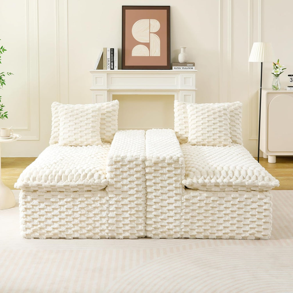 KEIKI 120' Modular Boneless Couch Full Chaise for Bedroom, 4-Seater Sectional Couches for Living Room Furniture, Deep Seat Deep Soft Sofa Bed for Living Room Corner Pet Friendly, White