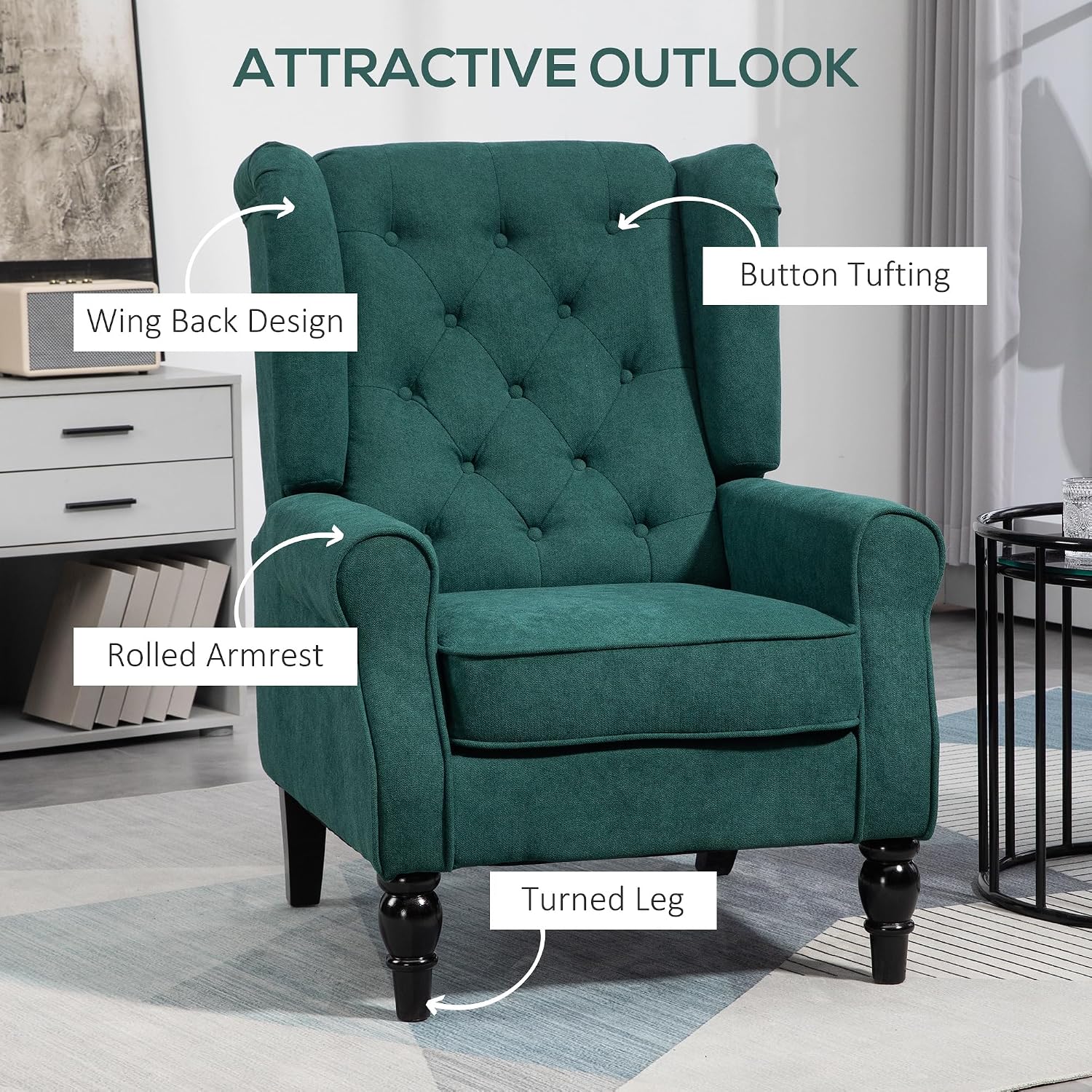 HOMCOM Mid-Century Modern Accent Chair, High Wingback Reading Chair, Button-Tufted Upholstered Fabric Armchair with Retro Wood Legs for Apartment, Living Room, Bedroom, Dark Green