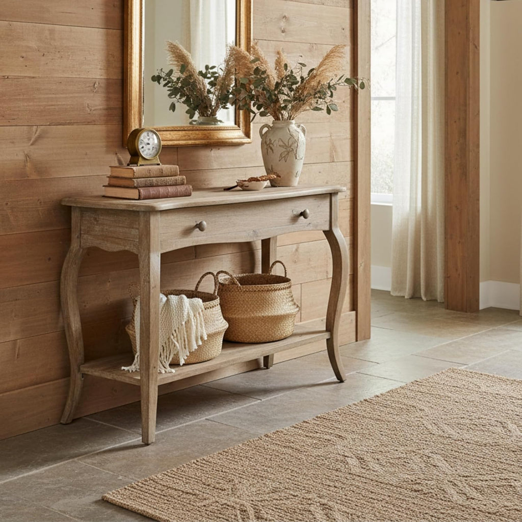 Austerity Rustic Console Table, 42 Inch with Curved Legs, Scalloped Edges, and Lower Shelf in Driftwood Finish - Natural and White Textured Antique Look Home Décor by Alaterre Furniture