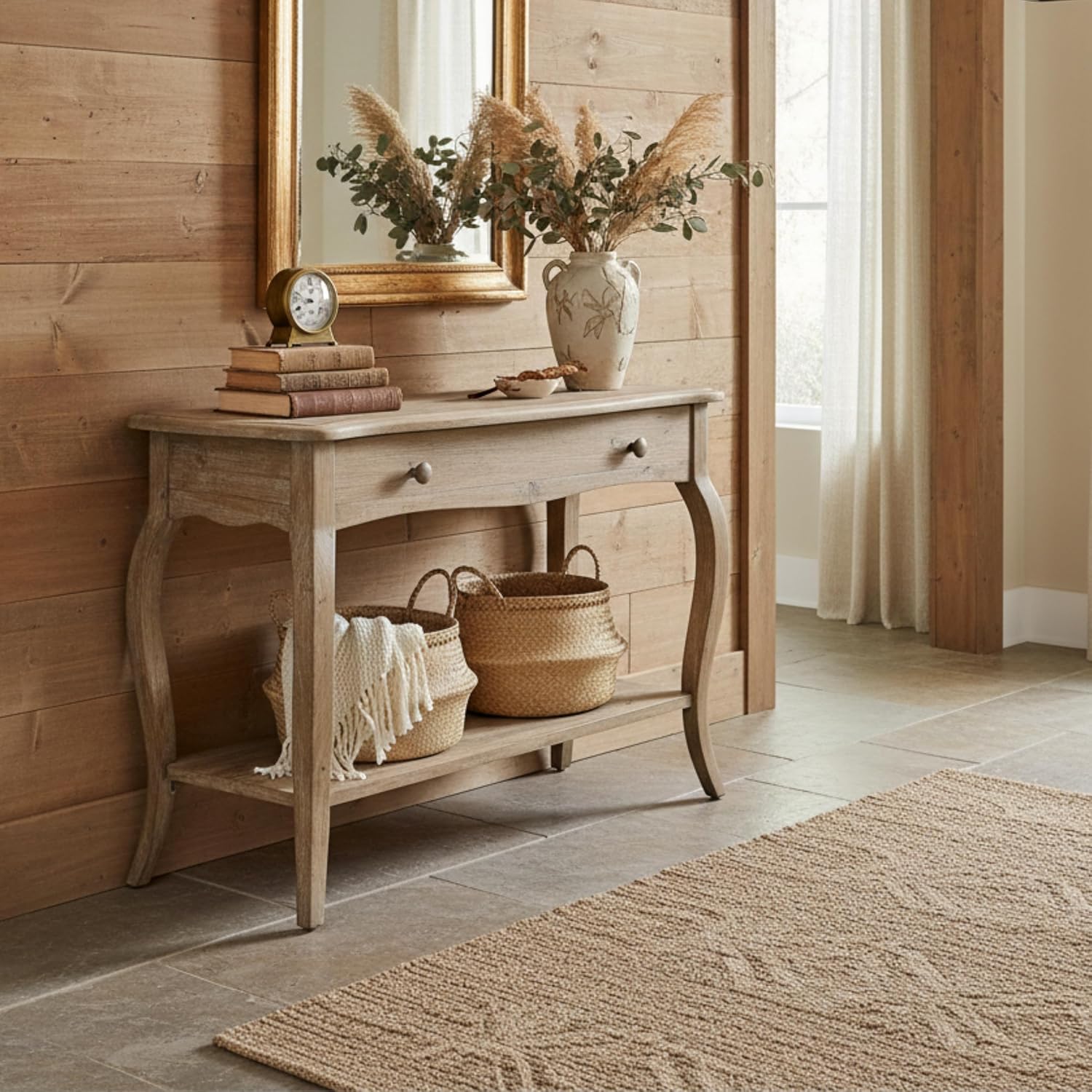 Austerity Rustic Console Table, 42 Inch with Curved Legs, Scalloped Edges, and Lower Shelf in Driftwood Finish - Natural and White Textured Antique Look Home Décor by Alaterre Furniture
