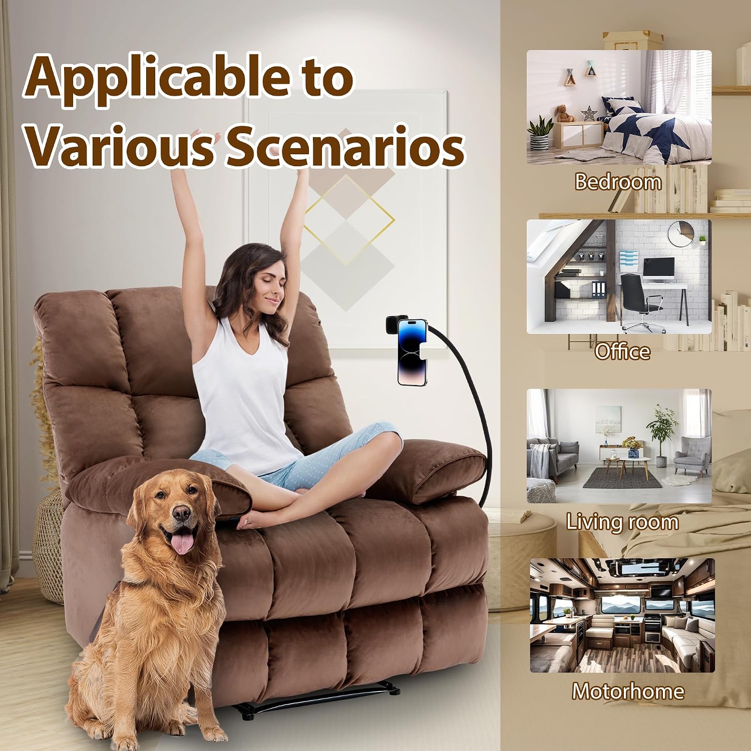 Manual Adjustable Oversized Recliner Chair with Phone Holder, Extra Large Recliner for Heavy Duty Adults 400lbs, Big Man Recliners for Living Room, Nursery, RV