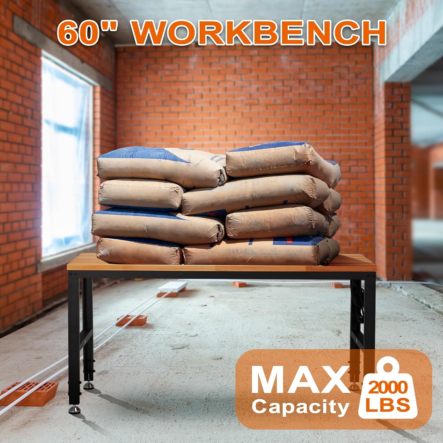 Haddockway Adjustable Workbench for Garage, 60' x 22' Rubber Wood Top Worktable with Power Outlets, Max 2000 Lbs Load Capacity Heavy Duty Workstation for Workshop Office Home (Black Frame, 60in)
