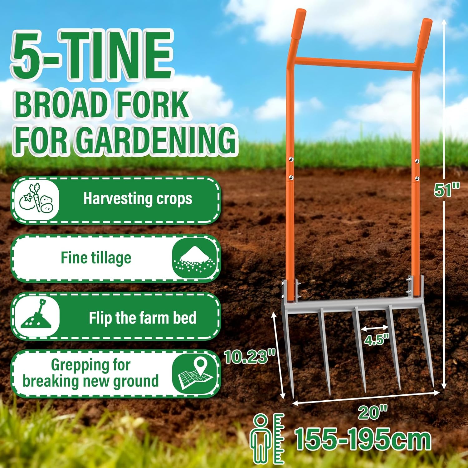 VASALAID Broadfork 5-Tine Broad Fork for Gardening Ergonomic U-Shaped Design Heavy Duty Broadfork Tool for Gardening Cultivating Farm Garden Digging Crushing Aerate Soil (Patent Pending)