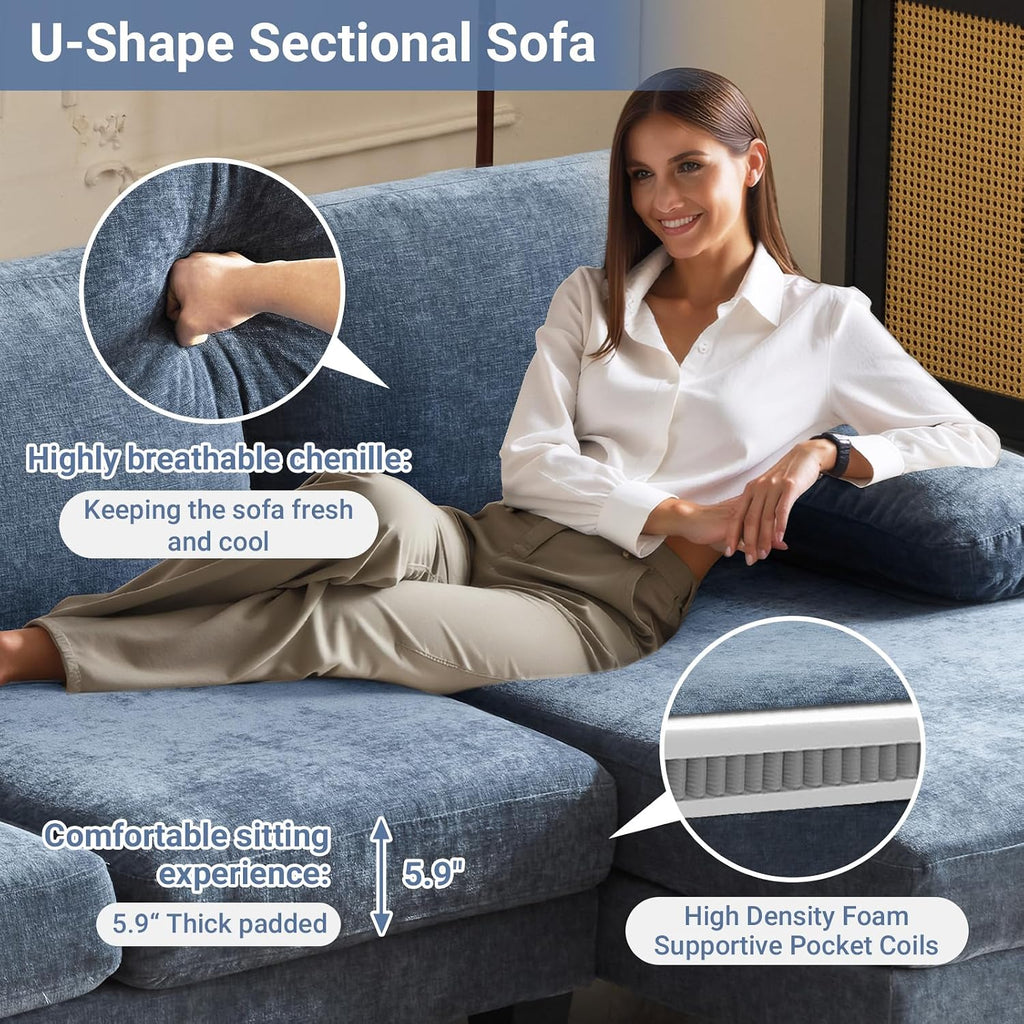 VINGLI 110' Sectional Couches for Living Room,U Shaped Couch with Double Chaise, 4-Seat Sofa Set with Corduroy Fabric for Home Furniture,Ocean Blue
