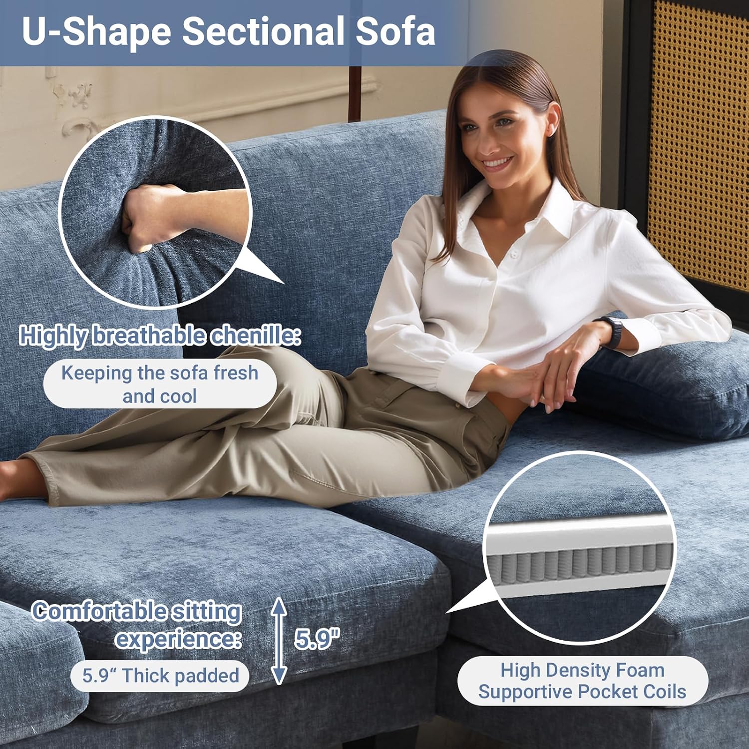 VINGLI 110' Sectional Couches for Living Room,U Shaped Couch with Double Chaise, 4-Seat Sofa Set with Corduroy Fabric for Home Furniture,Ocean Blue