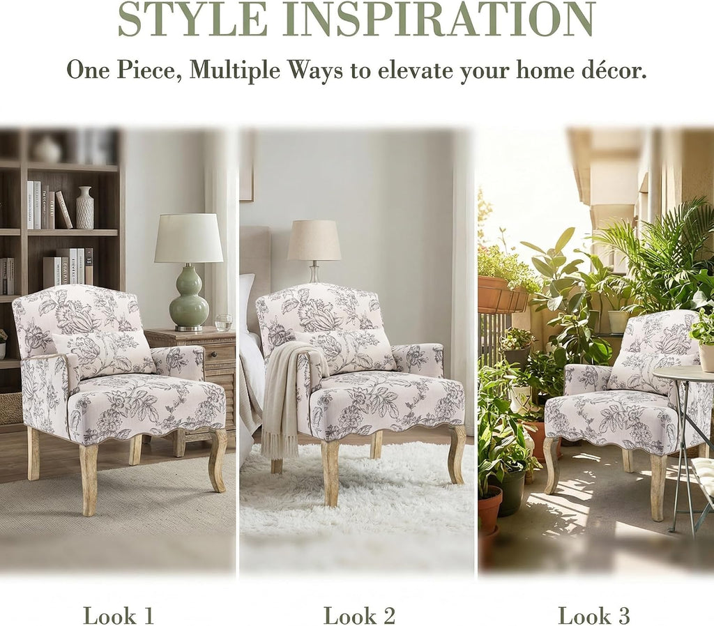 Floral Accent Chairs Set of 2 Fabric Comfy Single Sofa Upholstered Modern Reading Chair with Removable Pillow Wingback Arm Chair for Living Room/Bedroom/Fireplace, Beige