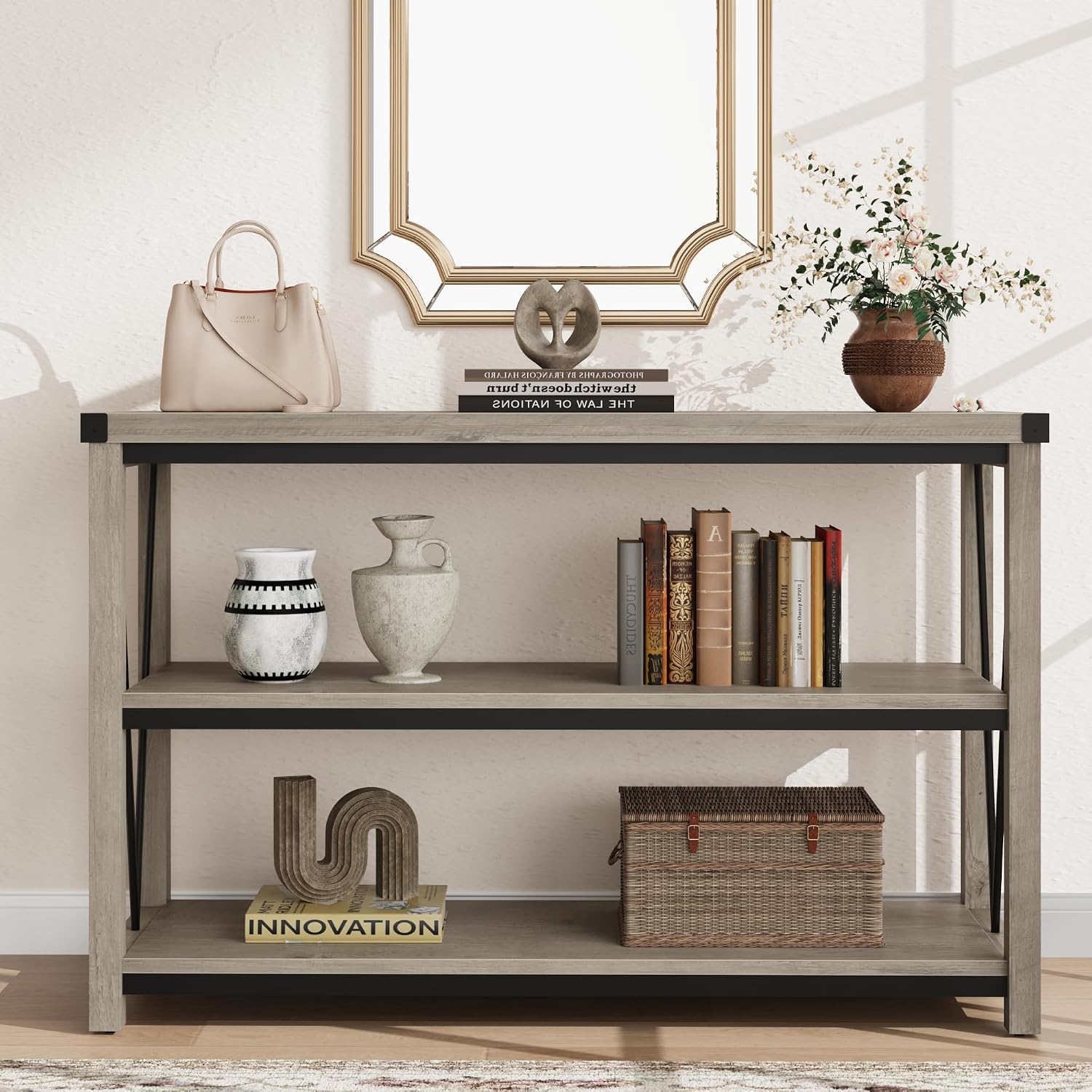 GAOMON Farmhouse Entryway Table,47 Inch Narrow Long Console Table with Storage, 3 Tier Wood Console Table for Living Room, Behind Couch Table, Hallway Table for Foyer, Entryway Furniture-Grey