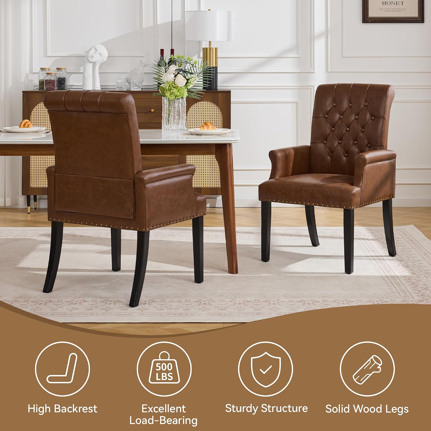 WUTUTUEE PU Leather Dining Chair with Arms, Upholstered Tufted High Back Dining Room Chairs, Accent Armchair with Solid Wood Leg and Nailhead Trim, Kitchen Dining Living Room, Coffee