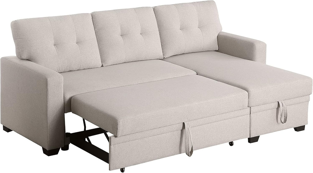 Favfurish 82' L-Shape Reversible Sleeper Sectional Sofa with Pull Out Bed and Storage Chaise,Linen Tufted Upholstery Corner Couch for Living Room, Apartment,Office,Home Furniture Sets,Beige