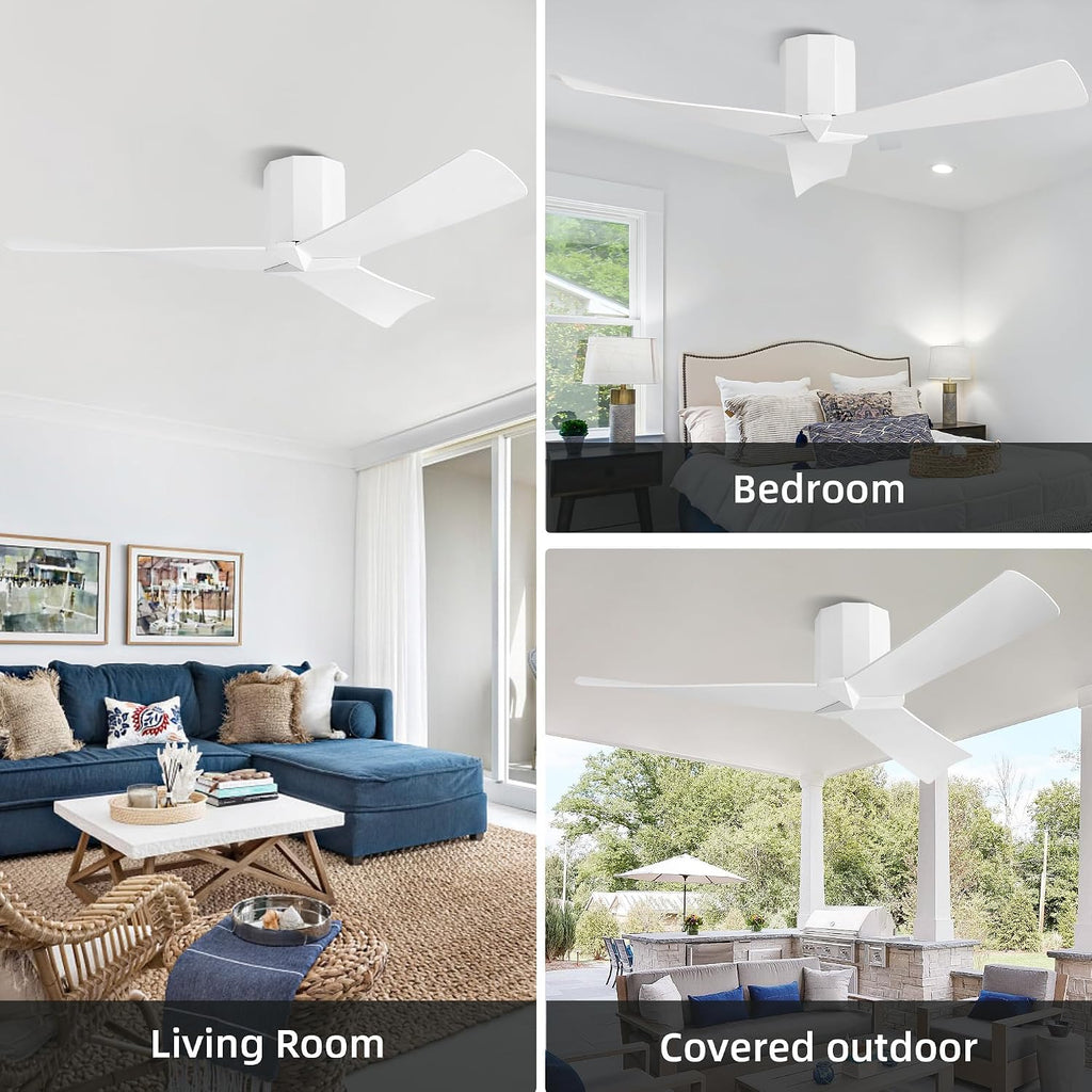 WINGBO 52' Ceiling Fan no Light - Gloss White DC Flush Mount Ceiling Fan, 3 ABS Plastic Curved Blades, 6 Speed Reversible DC Motor, Hugger Ceiling Fans No Light for Kitchen, Bedroom, Living Room