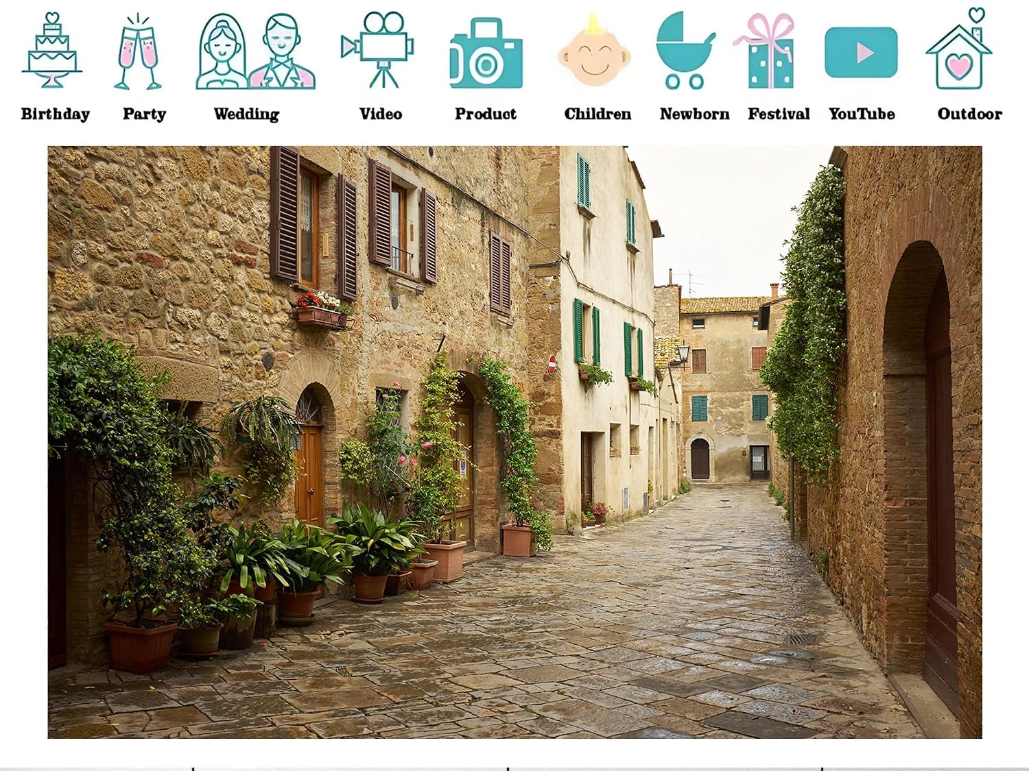 20x10ft Fabric Medieval Tuscan Town Narrow Street with Stone Houses Backdrop Historic Cultural Background for Travel Themed Party Decorations Home Wall Hanging Tapestry Photo Booth Props