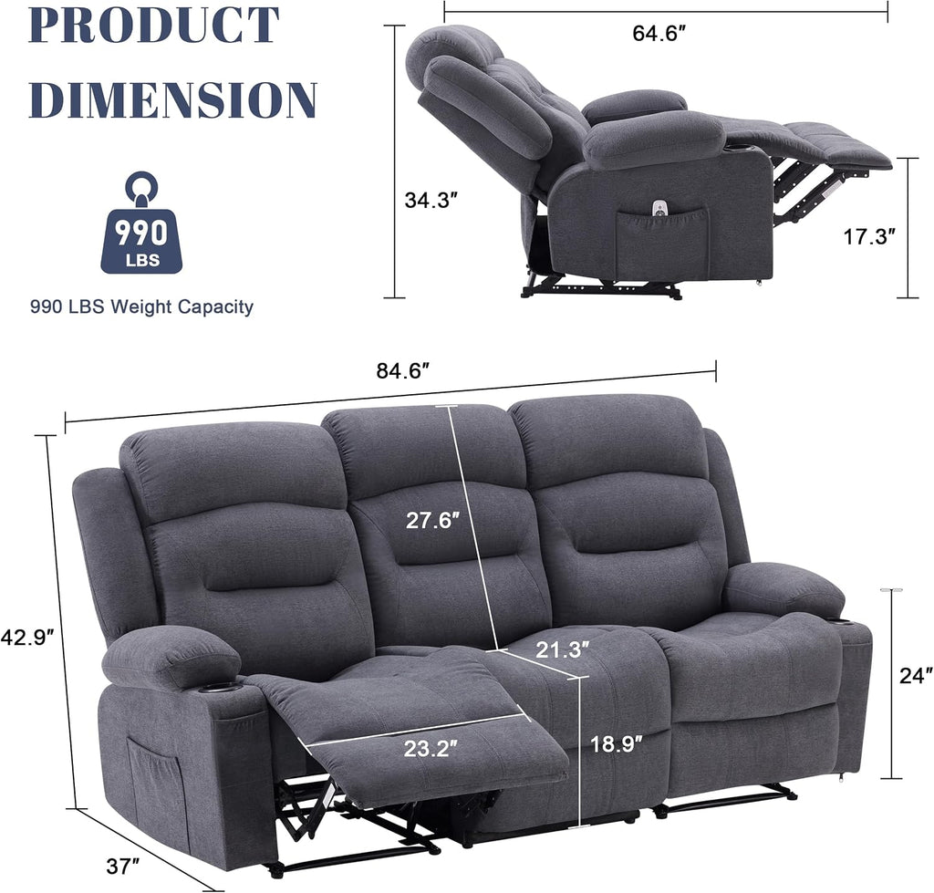 Weture Oversized Recliner Sofa with Heat and Massage, Wall-Hugger Reclining Sofa with Cup Holders and USB Port, Big Large 3-Seater RV Recliner Couch Sofa for Living Room (Fabric, Grey)