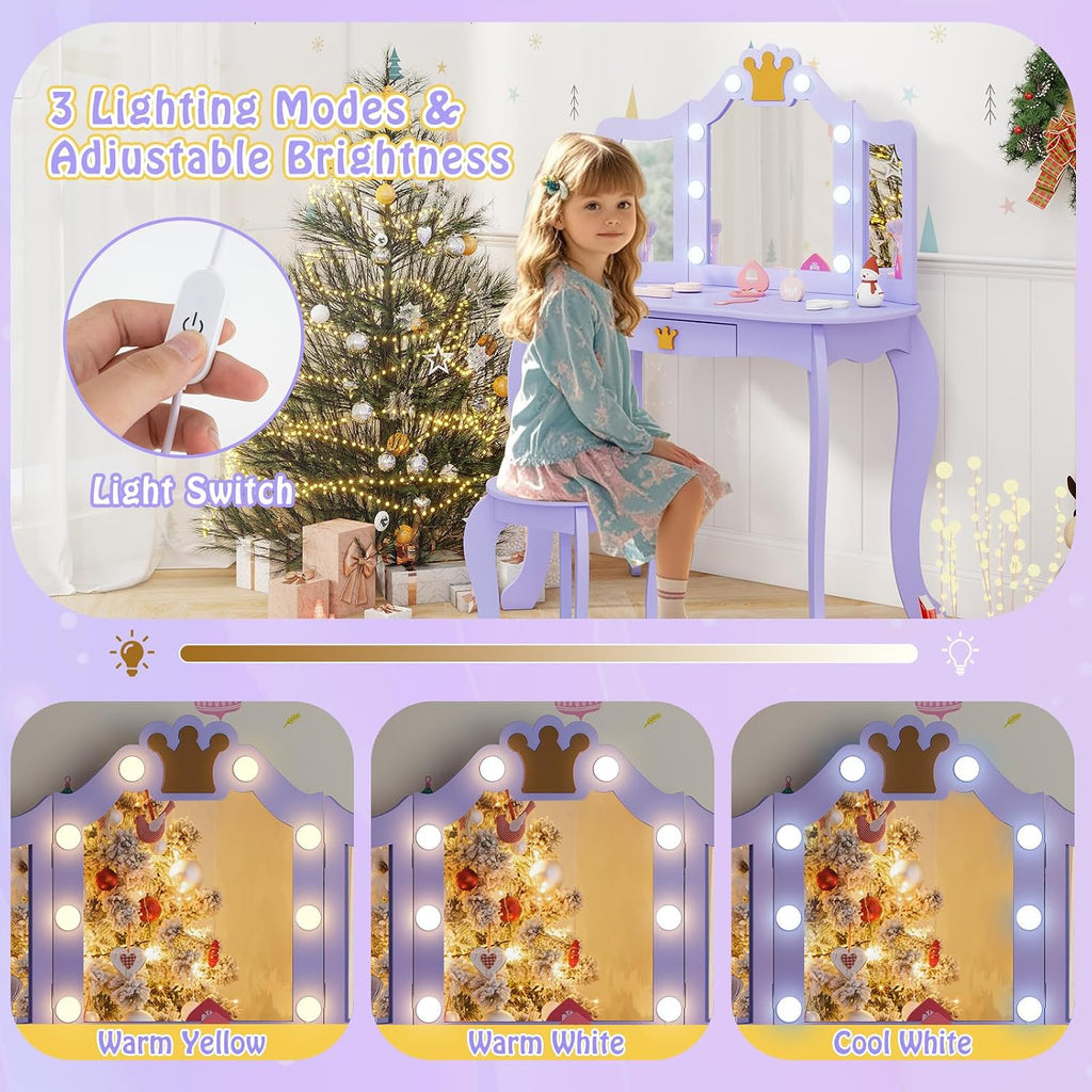 HONEY JOY Kids Vanity with Lights, Crown Girls Vanity Set with Mirror and Stool and Lights, Toddler Vanity, Wooden Makeup Table for Little Girls, Pretend Play Kids Vanity Table and Chair Set(Violet)