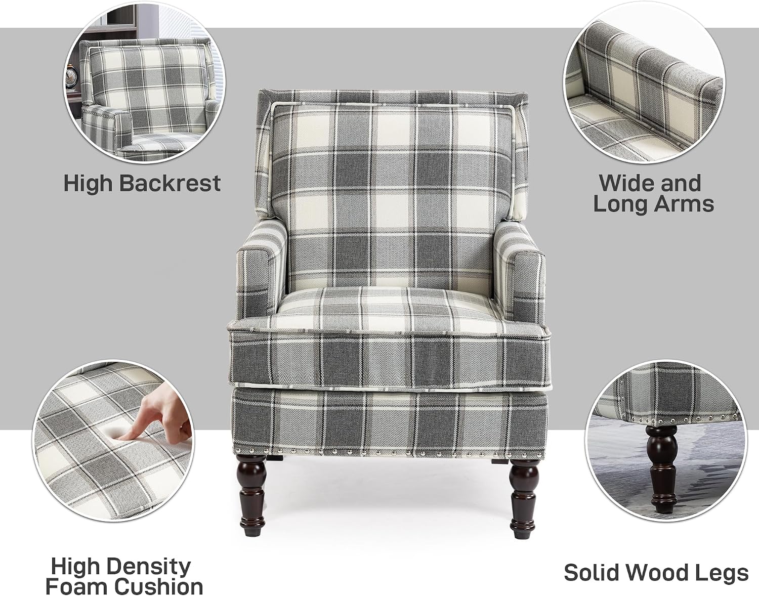 Accent Chair, Plaid Gingham Comfy Cozy Modern Mid-Century Accent Chairs Upholstered Lounge Arm Chair with Solid Wood Frame for Living Room/Bedroom-Gray Plaid
