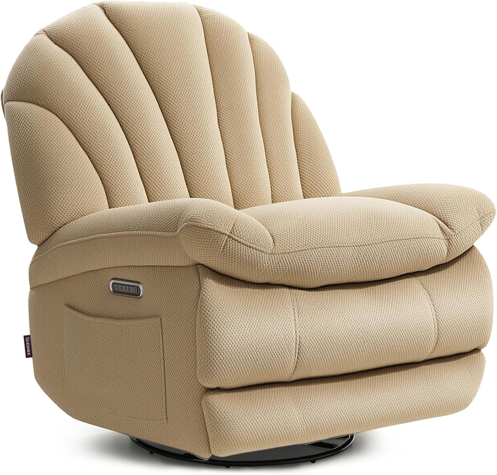 EONIX Dual Motor Power Swivel Rocking Recliner Chair for Living Room, Armless Oversized Shell Shape Lazy Boy Rocker Recliner, Plush Fabric Thickened Cushion, Elevated Soft and Comfort, Beige