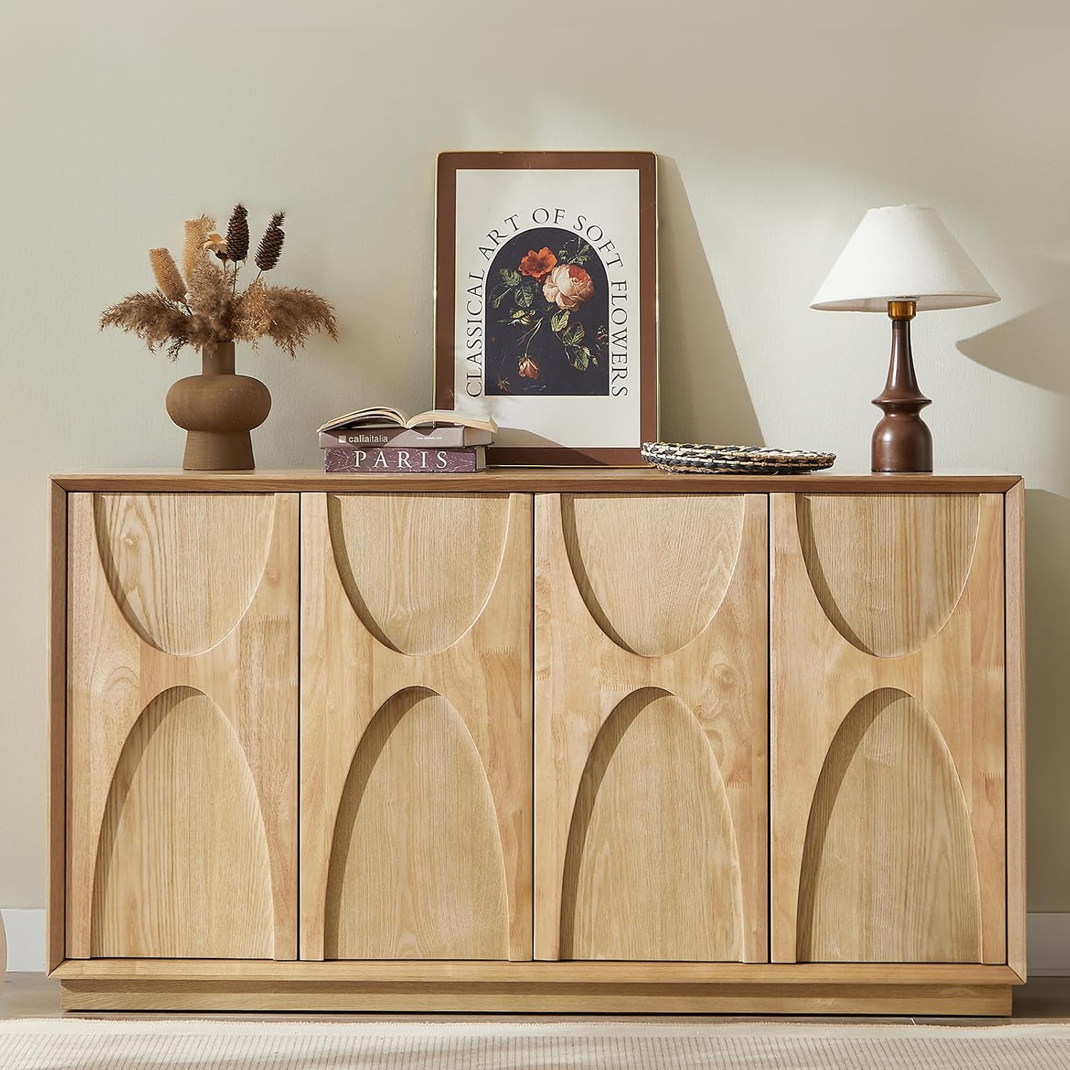 LKTART 59' Sideboard Buffet Cabinet Retro Accent Storage Cabinet with Magnetic Door Latches Adjustable Shelf for Living Room Kitchen(Natural Oak)