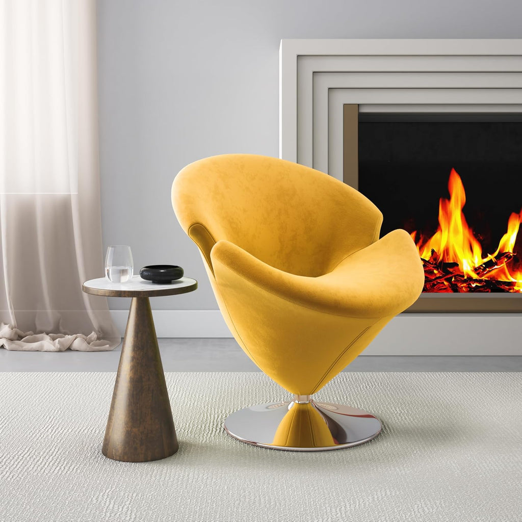Manhattan Comfort Tulip Swivel Accent Chair Set of 2 with 360° Turn, Modern Flower Inspired Design, Soft Velvet Upholstery, Polished Chrome Base, No Assembly Required, 300 Lbs Capacity, Yellow